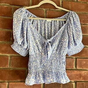 Sienna Sky Blue Floral Smocked Milkmaid Puff Sleeve Top Small